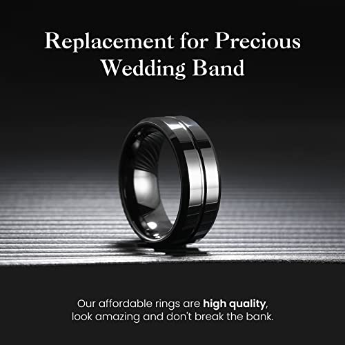 King Will Mens 8mm Cross Groove Tungsten Carbide Wedding Ring | Rose Gold, 8mm, Grooved, Comfort Fit, Cross design, Everyday Wear - color: Glossy Black 8mm