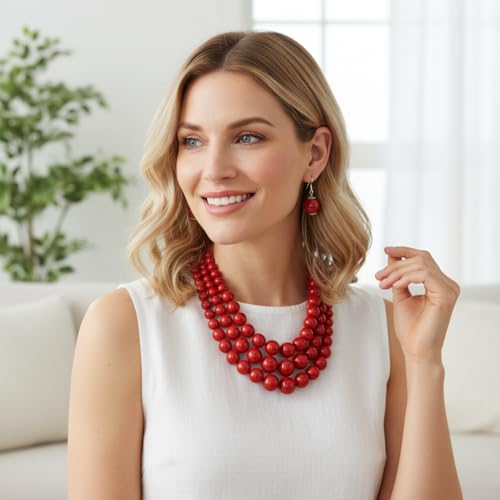 Fashion 21 Women's Faux Pearl Three Multi-Strand Statement Necklace and Earrings Set - color: Red