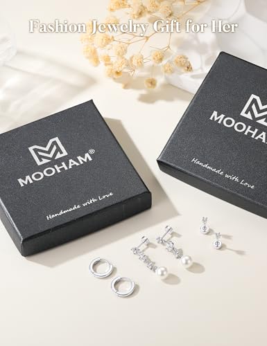 M MOOHAM Pearl Earrings for Women, 14K Gold Plated Pearl Drop Earrings | Hypoallergenic Pearl Dangle Earrings Set, Dainty Flat Back Stud Earring Stack, Bridal Shower Gifts, Wedding Jewelry - color: Silver