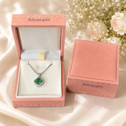 Green/Blue Zircon 4-Leaf Clover Jewelry Set – Necklace, Ring, Earrings – Women's Wedding & Evening Gift for Wife, Girlfriend, Mother – Comes with Gift Box - color: Green Necklace