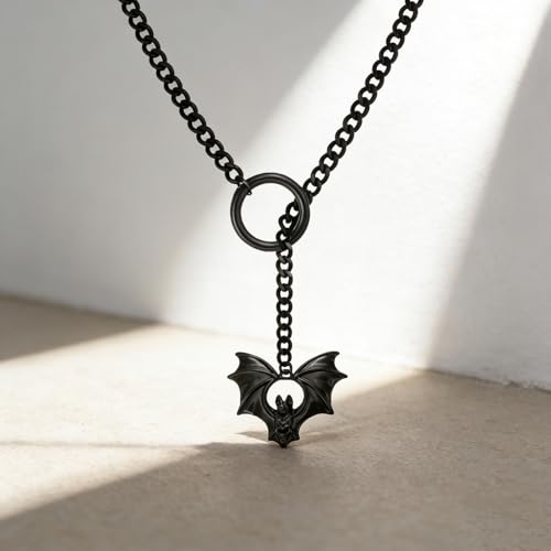 Choker Necklace for Women Gothic Goth Stainless Steel Slip Chain Chunky Long Drop Mens Punk Necklace Jewelry Gift - style: Black Bat