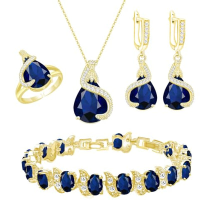 Jewelry Set for Women Teardrop Earrings Necklace Ring Bracelet Set Party Wedding Jewelry Gift for Mother Wife Friend - color: Gold-Blue