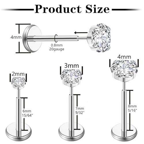 Gotumo 20G Flat Back Earrings Stud G23 Titanium Threadless Tragus Labret Cartilage Lip Medusa Conch Body Piercing Jewelry Hypoallergenic for Women Men - color: Silver 20G Bar-6/7/8mm&CZ-2/3/4mm