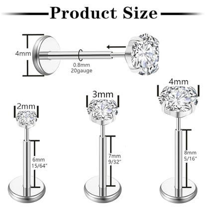 Gotumo 20G Flat Back Earrings Stud G23 Titanium Threadless Tragus Labret Cartilage Lip Medusa Conch Body Piercing Jewelry Hypoallergenic for Women Men - color: Silver 20G Bar-6/7/8mm&CZ-2/3/4mm