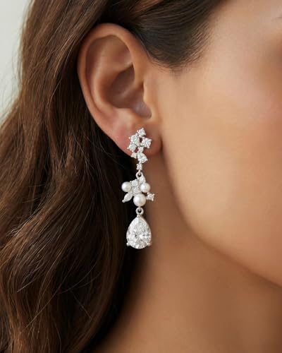 Pearl Earrings - 14K Gold/White Gold/Rose Gold Plated Cubic Zirconia CZ Diaomond Accented Pearl Drop Dangle Earrings for Women Wedding Bridal Prom - color: Silver Teardrop Design
