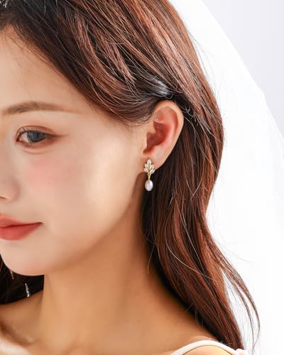Pearl Earrings for Women, 14k Gold Plated Trendy Diamond Pearl Drop Earrings Bridal Shower Gifts Wedding jewelry for Women - color: Style A Gold