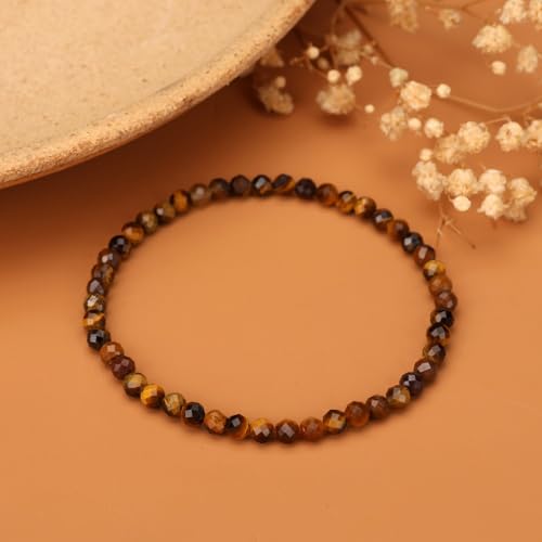 Natural Faceted Crystal Bracelet for Women,4mm Gemstone Round Beads Bracelets Adjustable Stretchy Healing Crystal Beads Bracelets Dainty Jewelry Gift - color: Tiger Eye