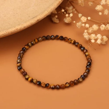 Natural Faceted Crystal Bracelet for Women,4mm Gemstone Round Beads Bracelets Adjustable Stretchy Healing Crystal Beads Bracelets Dainty Jewelry Gift - color: Tiger Eye