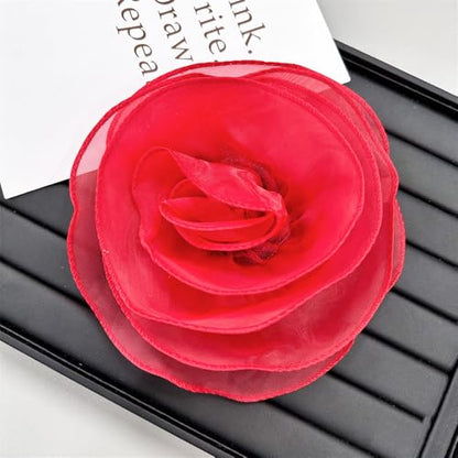10inch Extra Large Flower Brooch Pin for Women Fashion Dainty Organza Satin Fabric Big Camellia Brooches Lapel Pins Wedding Dance Party Dress Accessories Exaggerated Jewelry Gift - color: 6 inch Red