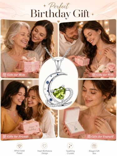 Birthstone Necklace for Women White Gold Moon and Star Pendant Moon Jewelry Anniversary Birthday Gifts for Mom Wife Her - color: 08. August - Peridot