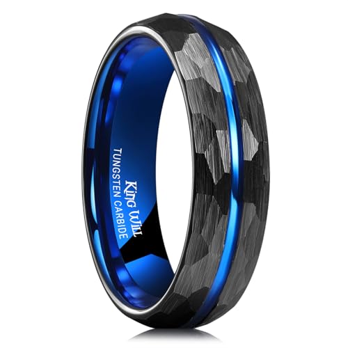 King Will Men's Tungsten Carbide Wedding Ring Hammered Groove Wedding Band Mens Two Tone Engagement Ring for Men and Women Matte Brushed Finish Comfort Fit - color: 6mm Black & Blue - Groove