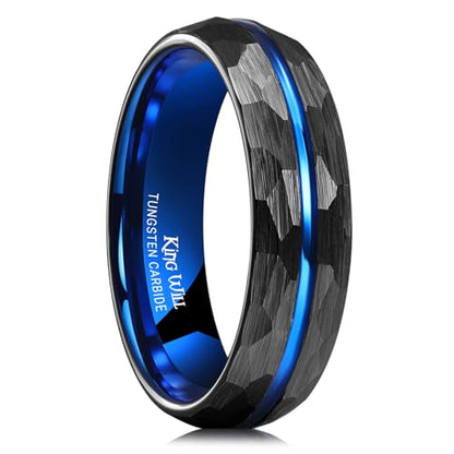 King Will Men's Tungsten Carbide Wedding Ring Hammered Groove Wedding Band Mens Two Tone Engagement Ring for Men and Women Matte Brushed Finish Comfort Fit - color: 6mm Black & Blue - Groove