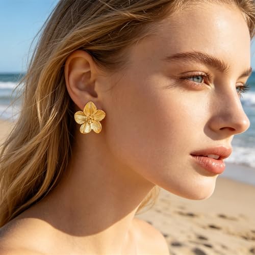 Gold Statement Earrings For Women, 14K Gold Plated Textured Geometric Drop Earrings - Hypoallergenic Stainless Steel Statement Earrings for Women, Waterproof Fan-Shaped Dangle Earrings for Beach & Daily Wear - color: Flower DKE252067GL