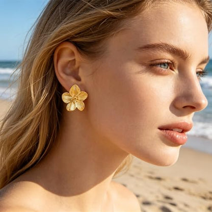 Gold Statement Earrings For Women, 14K Gold Plated Textured Geometric Drop Earrings - Hypoallergenic Stainless Steel Statement Earrings for Women, Waterproof Fan-Shaped Dangle Earrings for Beach & Daily Wear - color: Flower DKE252067GL
