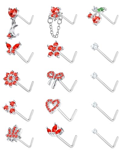 BSJ4U Nose Rings L Shaped for Women Nose Piercings 20G Surgical Stainless Steel Nose Studs CZ Heart Butterfly Flower Cherry Bow Moon Dangle Nose Piercing Jewelry - color: Silver Red Nose Rings