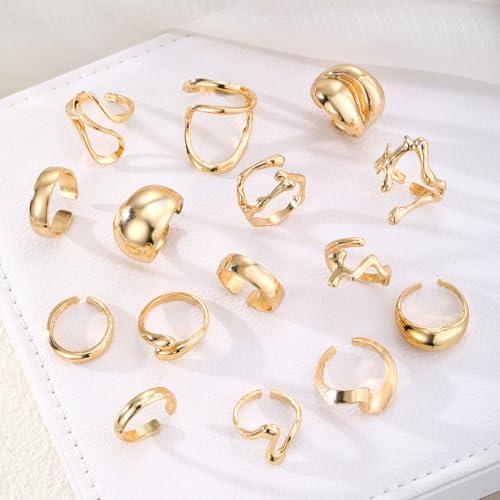 Chunky Rings for Women Non Tarnish 14k Stackable Dome Statement Rings Sets Vintage Dainty Knuckle Open Midi Finger Rings Jewelry Pack Gifts - style: 15PCS