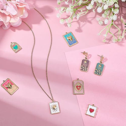 SUNNYCLUE 1 Box 8 Styles Real 18k Gold Plated Enamel Heart Charms Gold Heart Charms Metal Colorful Rectangle Evil Eye Hearts Sun Pendant for Jewelry Making Women Adults Crafts Bracelets Gifts Supplies