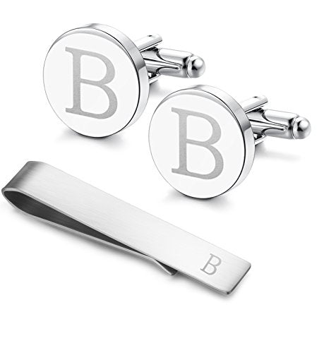 Initial Cuff Links Mens and Tie Clips for Men | Classic Silver Letter Alphabet A-Z Cufflinks and Tie Bar Set, Gifts for Men Father Husband for Formal Business Wedding - style: B
