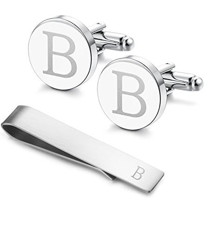 Initial Cuff Links Mens and Tie Clips for Men | Classic Silver Letter Alphabet A-Z Cufflinks and Tie Bar Set, Gifts for Men Father Husband for Formal Business Wedding - style: B