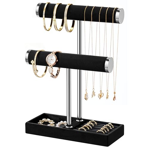 bussdis 2 Tier Bracelet Holder Display, Necklace Holder Organizer, BK/SL | Velvet Necklace Holder | Jewelry Tree | Jewelry Towers | Jewelry Stand Organizer for Necklaces, Bracelets, Earrings, Rings - color: Black and Silver