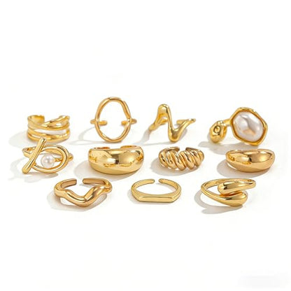 Gold Rings for Women Non Tarnish Boho Stackable Adjustable Open Rings Set Finger Knuckle Stacking Ring Packs Jewelry Gift - color: Gold Pearl Rings 11Pcs