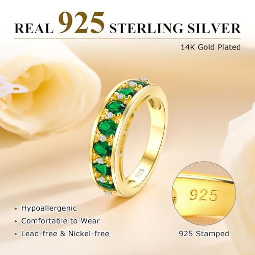 Amethyst Emerald Ruby Sapphire Wedding Band Anniversary Women Rings | 925 Sterling Silve|Hypoallergenic|Standard Size|Ruby|Sapphire|Emerald|Wedding Anniversary Jewelry|Genstone Ring|Holiday Gifts - color: Emerald & Gold