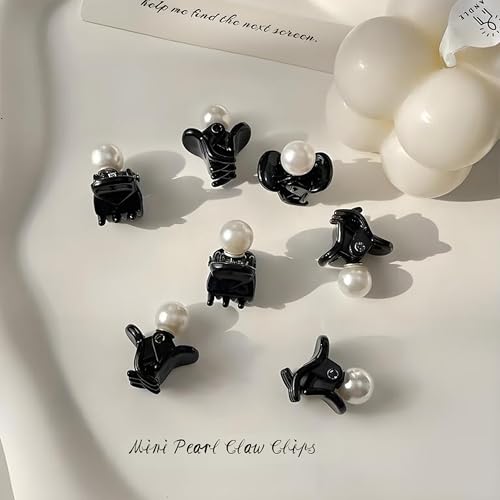 Mini Pearl Claw Clips for Women Girls, Black, 7 Pcs | Small Non Slip Jaw Clips, Strong Hold, For Thin Thick Curly Hair, Decorative Hair Barrettes