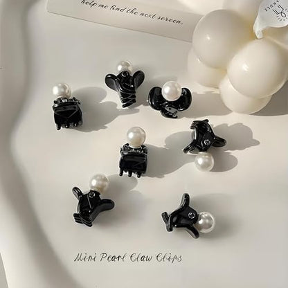 Mini Pearl Claw Clips for Women Girls, Black, 7 Pcs | Small Non Slip Jaw Clips, Strong Hold, For Thin Thick Curly Hair, Decorative Hair Barrettes