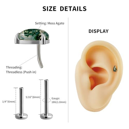 1PC ASTM F136 Titanium Piercing Jewelry for Tragus Conch Helix Flat Labret 18G 6mm 8mm, Cartilage Earring Flatback Stud - color: Moss Agate Drop - Tit