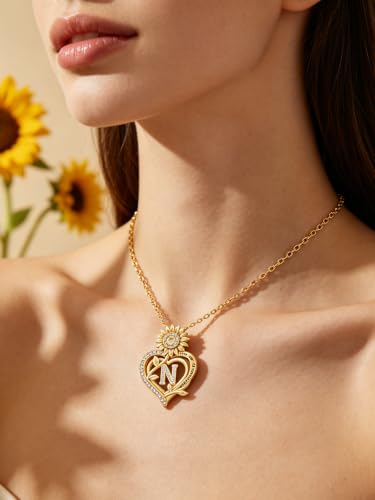 14K Gold Sunflower Initial Necklaces for Women | Heart Letter Pendant You Are My Sunshine Jewelry Gifts - style: N