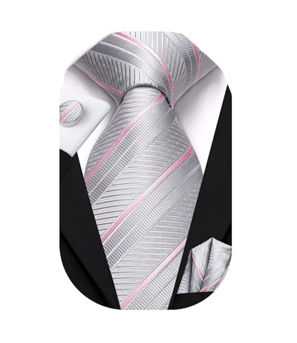 Dubulle Mens Paisley Striped Tie Woven Necktie for Men and Handkerchief Cufflinks Set Wedding Formal Business - color: B Grey Pink