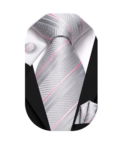 Dubulle Mens Paisley Striped Tie Woven Necktie for Men and Handkerchief Cufflinks Set Wedding Formal Business - color: B Grey Pink