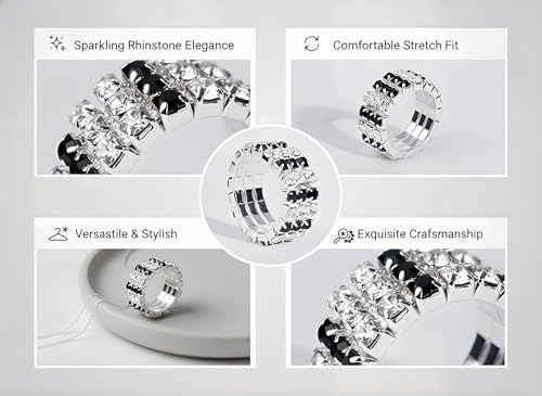 Sparkling Rhinestone Ring Set Trendy Elastic Rhinestone Crystal Stretch Ring Stackable Jewelry for Women Girls - color: 3 Rows Ring-White+Black