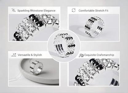 Sparkling Rhinestone Ring Set Trendy Elastic Rhinestone Crystal Stretch Ring Stackable Jewelry for Women Girls - color: 3 Rows Ring-White+Black