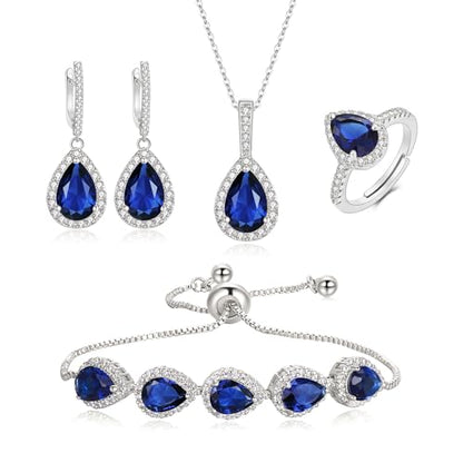 Crysdue Wedding Bridal Teardrop CZ Pendant Necklace Open Ring Dangle Earrings Adjustable Slider Bracelet Jewelry Set, Birthday Mothers Day Christmas Jewellery Gift for Women/Mom/Wife - style: 01-Teardrop Blue Silver-Tone