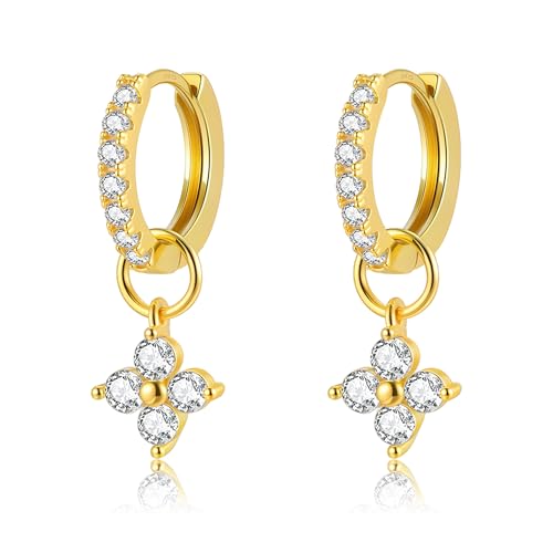 DAILY VIBES Cute Butterfly Star Cross Heart CZ Dangle Earrings for Women | 925 Sterling Silver Post, 14K Gold or Silver Plated, Mini Cubic Zirconia Dainty Drop, Cartilage Small Huggie Hoop Earrings - color: Gold Four Stones