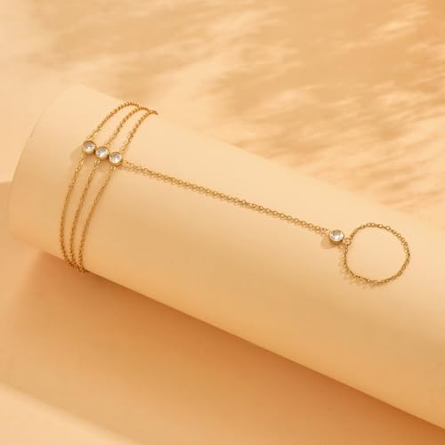 Gold Hand Chain Bracelet for Women 18K Gold Plated Stainless Steel Ring Bracelet Hand Chain with Pearl Star CZ Adjustable Hand Jewelry Chain Gifts - color: Y 3Layered CZ-Gold