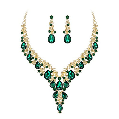 BriLove Women's Wedding Bridal Austrian Crystal Teardrop Flower Cluster Statement Necklace Dangle Earrings Jewelry Set for Party Prom - color: 2Pcs-Green Gold-Tone