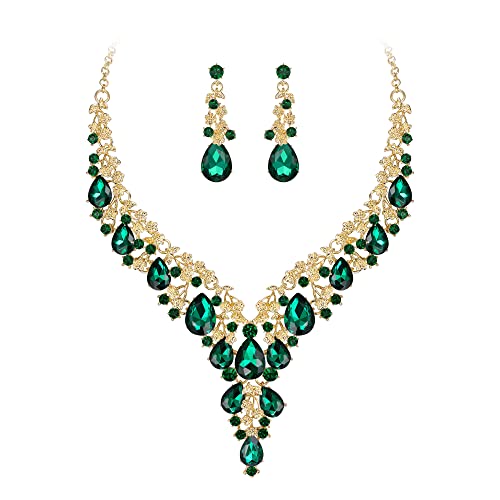 BriLove Women's Wedding Bridal Austrian Crystal Teardrop Flower Cluster Statement Necklace Dangle Earrings Jewelry Set for Party Prom - color: 2Pcs-Green Gold-Tone
