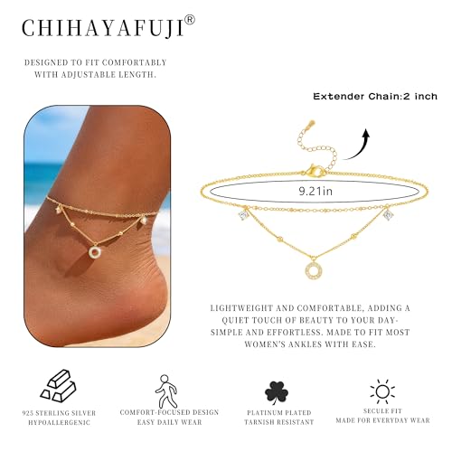 Sterling Silver Ankle Bracelets for Women 14k Gold Plated Waterproof Layered Stackable CZ Charm Non Tarnish Adjustable Anklet for Summer Beach Birthday Jewelry Gift - color: gold E