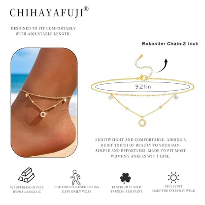 Sterling Silver Ankle Bracelets for Women 14k Gold Plated Waterproof Layered Stackable CZ Charm Non Tarnish Adjustable Anklet for Summer Beach Birthday Jewelry Gift - color: gold E