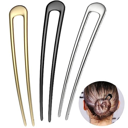 HYFEEL French Hair Pins Metal Hair Forks U Shaped Long Chignon 2 Prong Sticks for Women Hair Accessories (Black, Gold, Silver) 3Pcs - color: Black, Gold, Silver - 3 Pieces