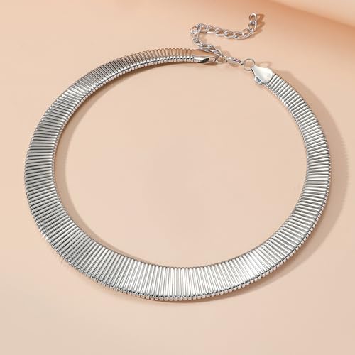 Chunky Gold Collar Choker Statement Necklace for Women Trendy | Gold Plated Layered Twist Flat Thick Snake Herringbone Chain African Torque Necklace Prom Boho Necklaces Party Jewelry Gift - style: Flat Herringbone Chain/Silver