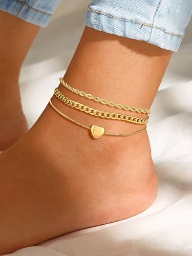 U7 2Pcs/3Pcs Ankle Bracelets for Women, Stainless Steel Cuban Link/Figaro/Rope/Heart Chain Anklets Sets,Waterproof Layered Anklets Adjustable 8.5"-10.5" - color: 04. 3Pcs Style B-Gold