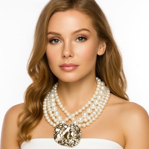 Multi Strand Bead Pendant Necklace for Women Stone Wood Pearl Jewelry | Gold Color Metal Charm Fashion Ethnic Tribal Elegant Statement - color: N1537-pearl