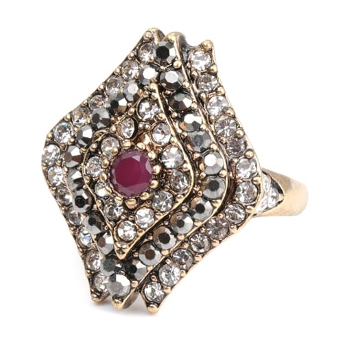 Vintage Full-Pavé Natural Stone Statement Ring for women, Bohemian sliver plated Cocktail Band with Red Resin Center, Boho Gemstone Ring with Black/White Crystal Cluster,Retro Accessory Jewelry