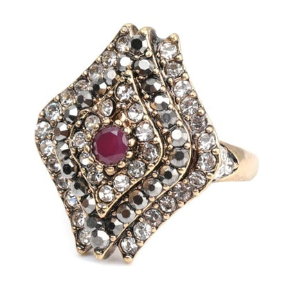 Vintage Full-Pavé Natural Stone Statement Ring for women, Bohemian sliver plated Cocktail Band with Red Resin Center, Boho Gemstone Ring with Black/White Crystal Cluster,Retro Accessory Jewelry