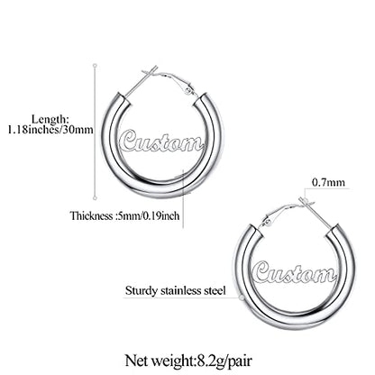 FindChic Hoop Earrings for Women, Silver/Black/14K Gold Plated Hypoallergenic Hollow Round Tube Loop Earrings, 20mm/30mm/40mm/60mm/80mm Chunky Hoops with Custom Name Options & Gift Box - color: e.Silver (Custom Name), size: 30MM