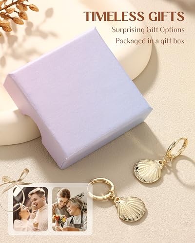 FIBO STEEL 14K Gold Plated Hoop Earrings with Charms for Women Huggie Hoops | Hypoallergenic 925 Sterling Silver Post Dangle Earrings Small Silver Gold Hoops Earring Cubic Zirconia Dangle Drop Jewelry - color: Shell - 14K Gold Plated