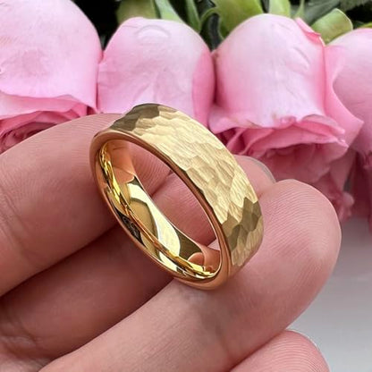 TUTISS 6mm 8mm Silver/Black/Gunmetal/Gold/Rose Gold Hammered Tungsten Rings for Men Women Couple Fashion Jewelry Engagement Wedding Bands Matte Finish Comfort Fit - color: 6mm Gold Tungsten
